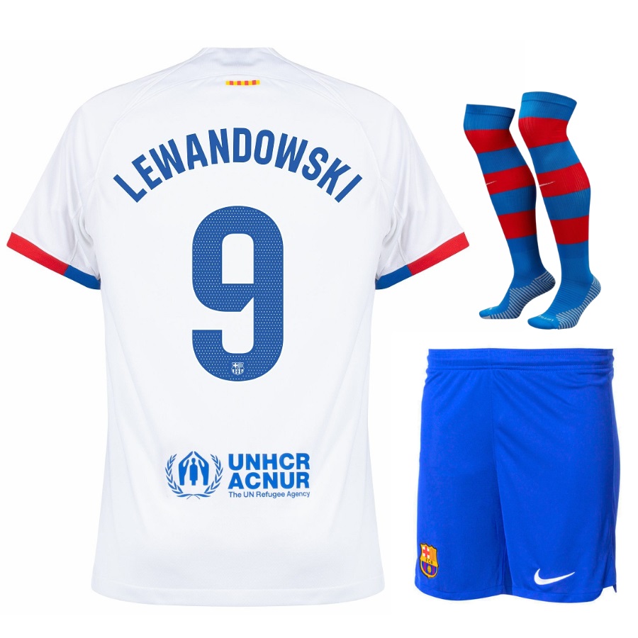 Barca 2023 2024 Away Lewandowski Kids Kit Shirt
