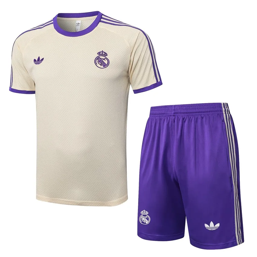 Ensemble Maillot Short Real Madrid 2025 2026 Beige Violet (1) Ensemble Maillot Short Real Madrid 2025 2026 Beige Violet