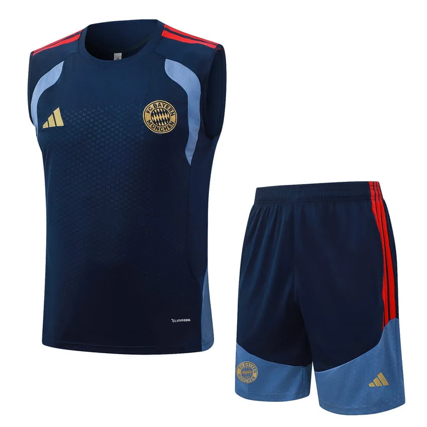 Completo Bayern Monaco 2026/2027, canotta e pantaloncini blu scuro.